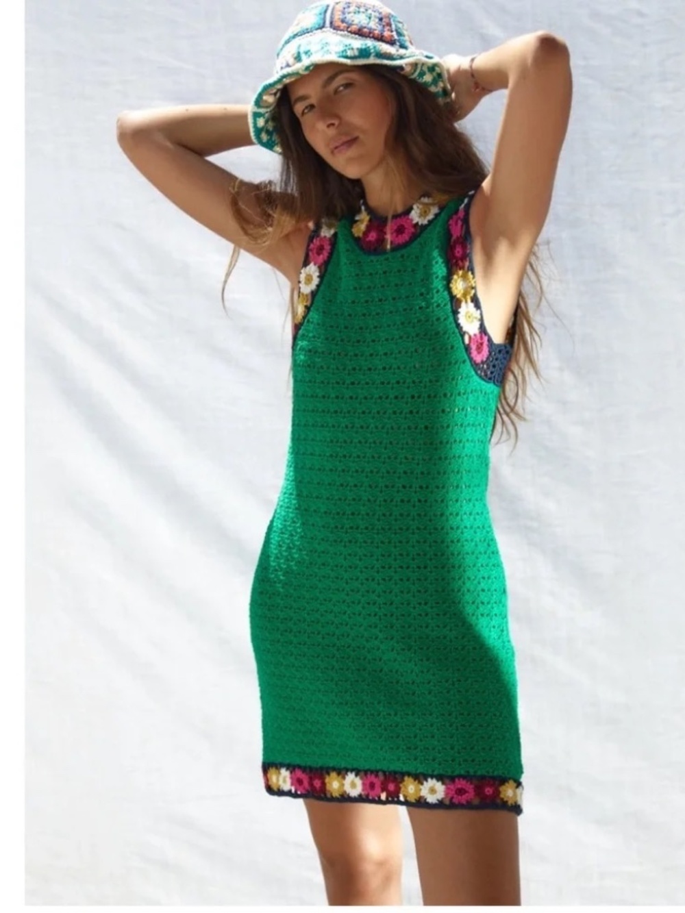 NWT Zara Green Crochet Mini Dress Floral Trim Limited Edition Green L